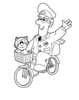A coloring page of postman pat